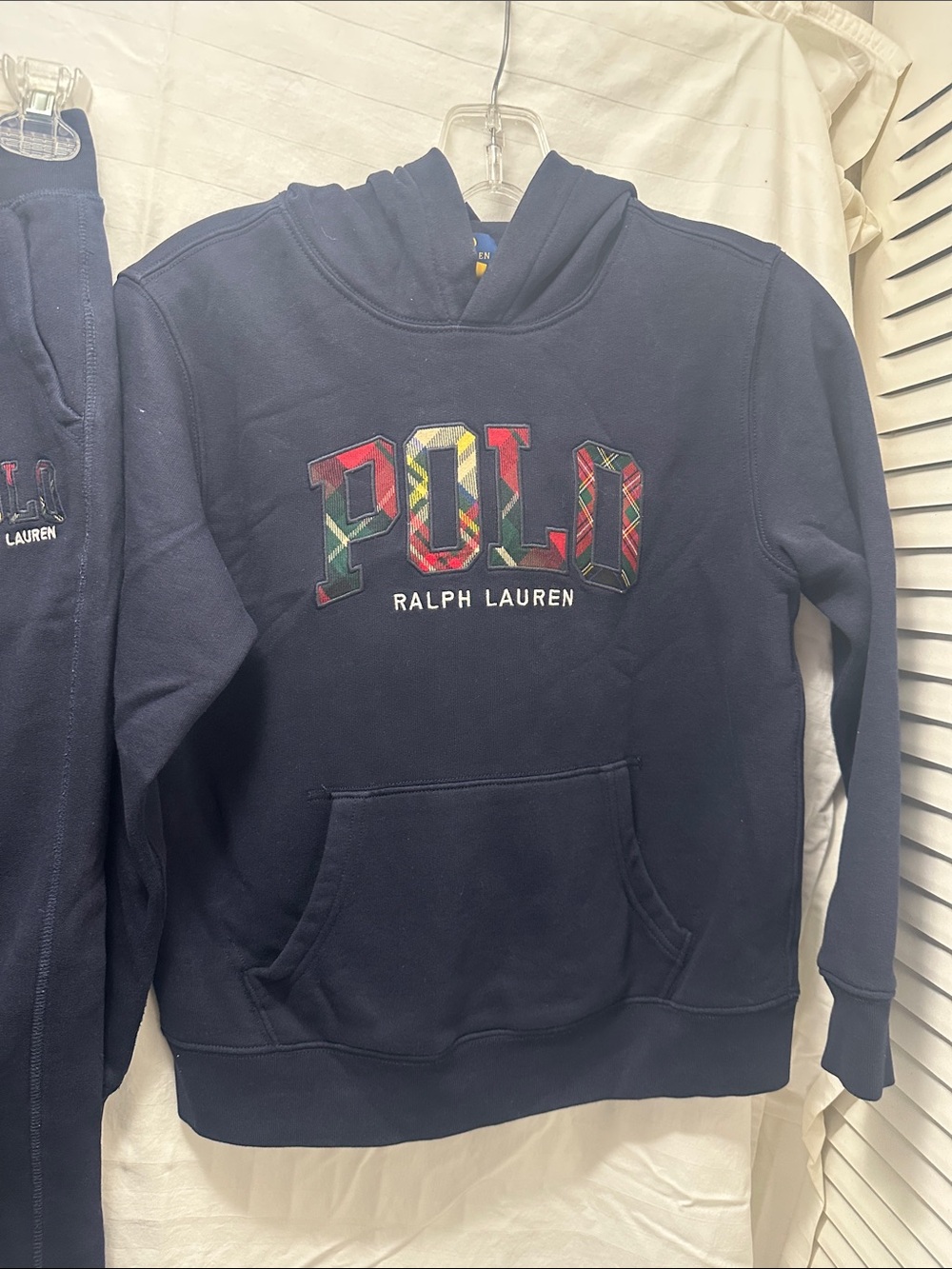 Ralph Lauren Navy Hoodie with Multicolor Tartan POLO Logo